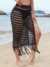 Fringe-trim openwork split swim cover-up skirt