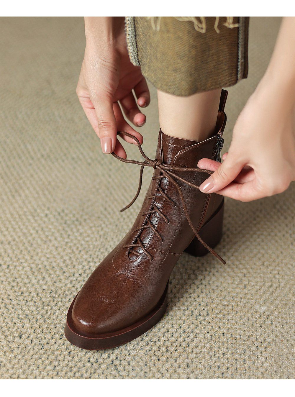 Retro Leather Lace-Up Side Zipper Ankle Boots