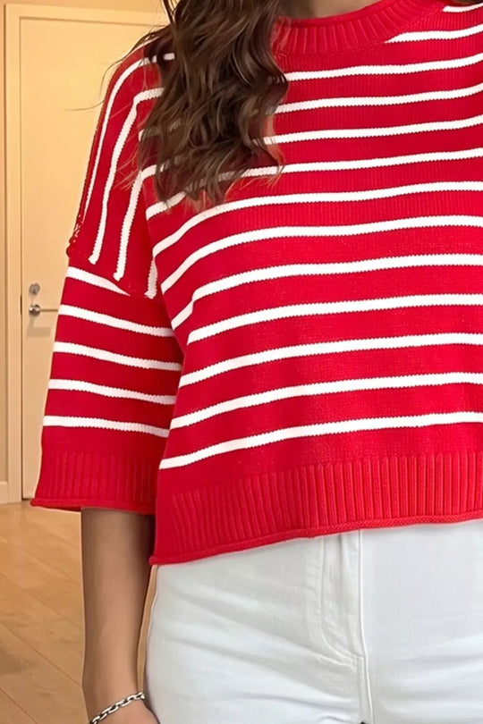 Another view: Stripe Dropped Shoulder Half-Sleeve Relaxed Knit Sweater