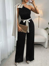 Bow-detail one-shoulder belted wide-leg jumpsuit