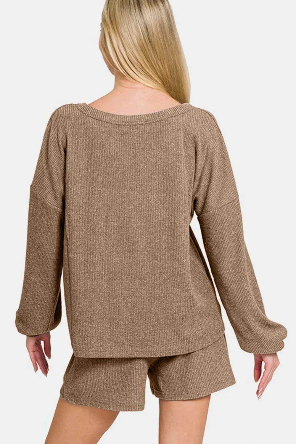 V-Neck Long Sleeve Ribbed Top and Shorts Set — Camel — photo 2