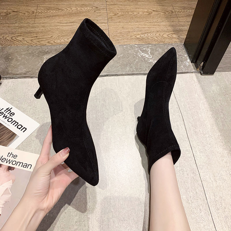 Women's Suede Stiletto Mid-Calf Boots | Slip-On Korean Style | Black | Sarah Express