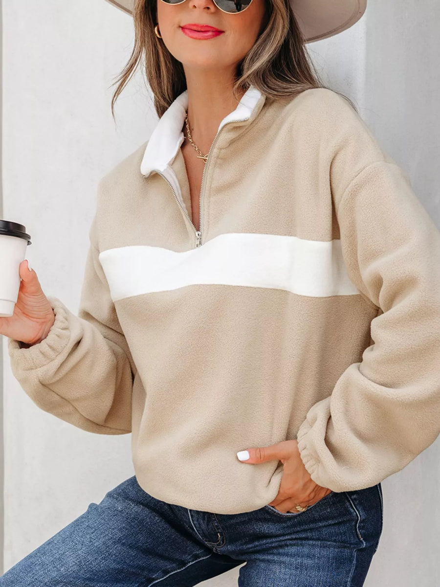 Fleece Colorblock Half-Zip Pullover — Khaki