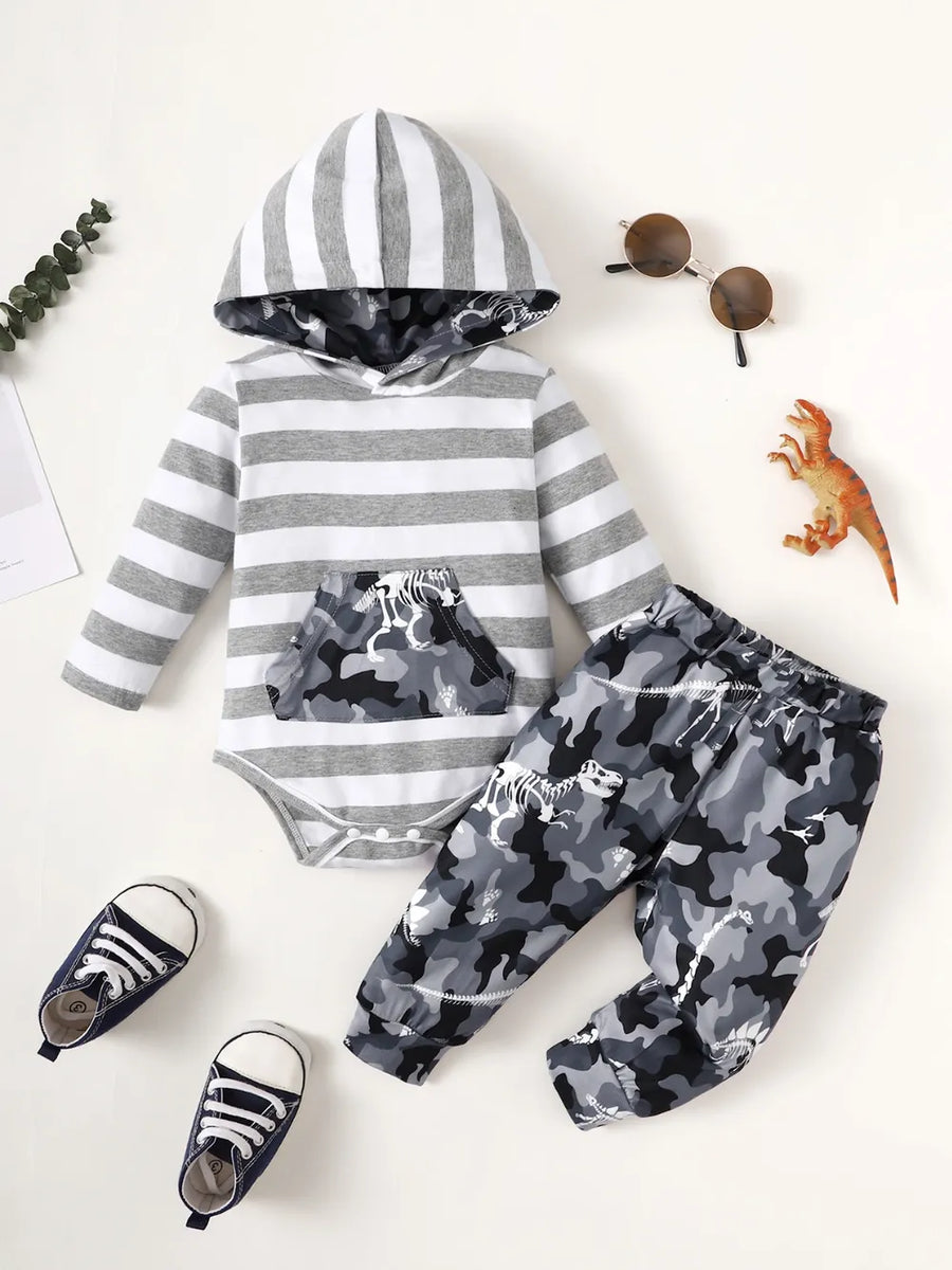 Baby Striped Hooded Bodysuit & Camo Pants Set – Dark Gray