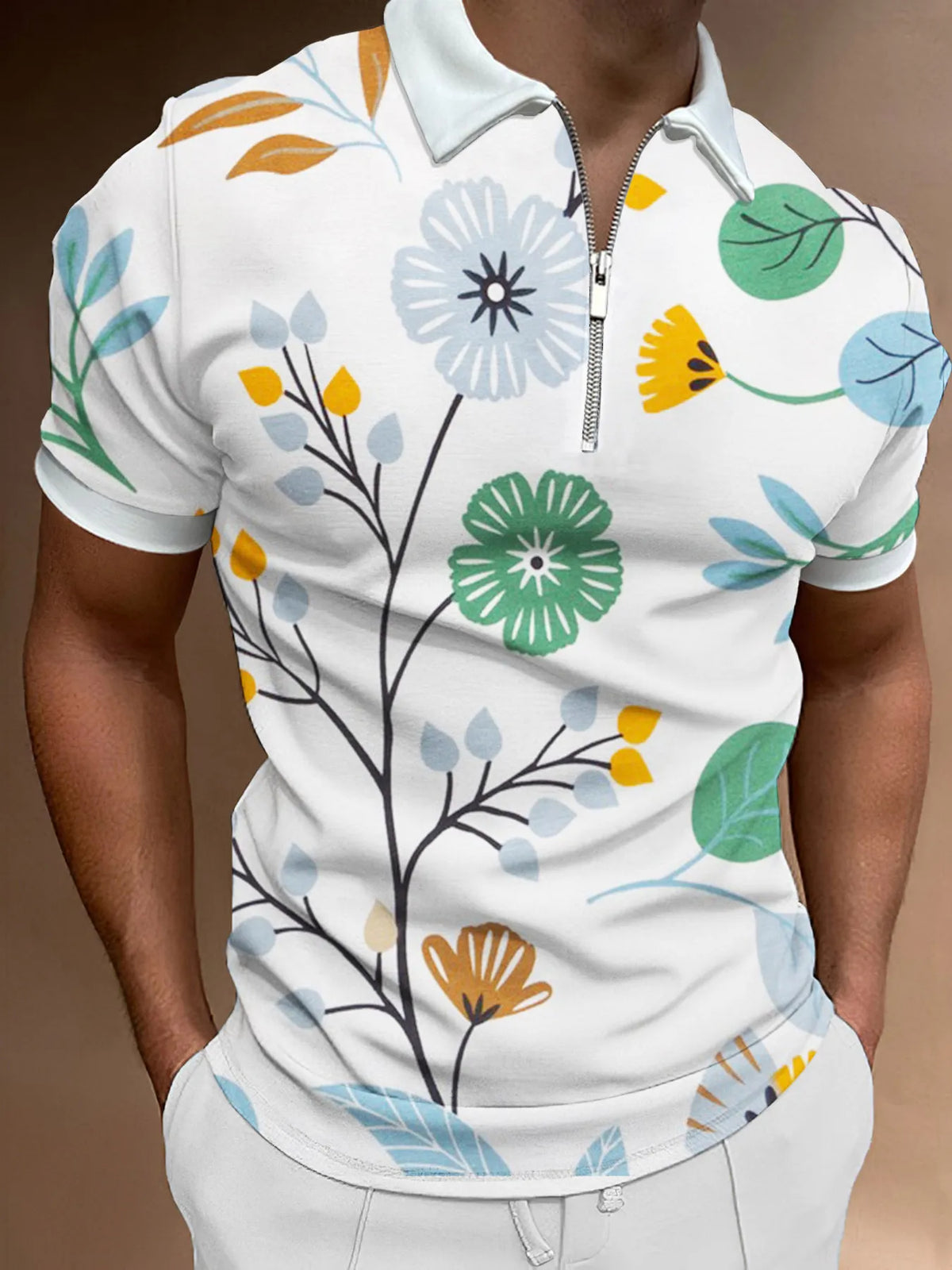 Men's Full Size Floral Print Zip-Up Polo Plus Size