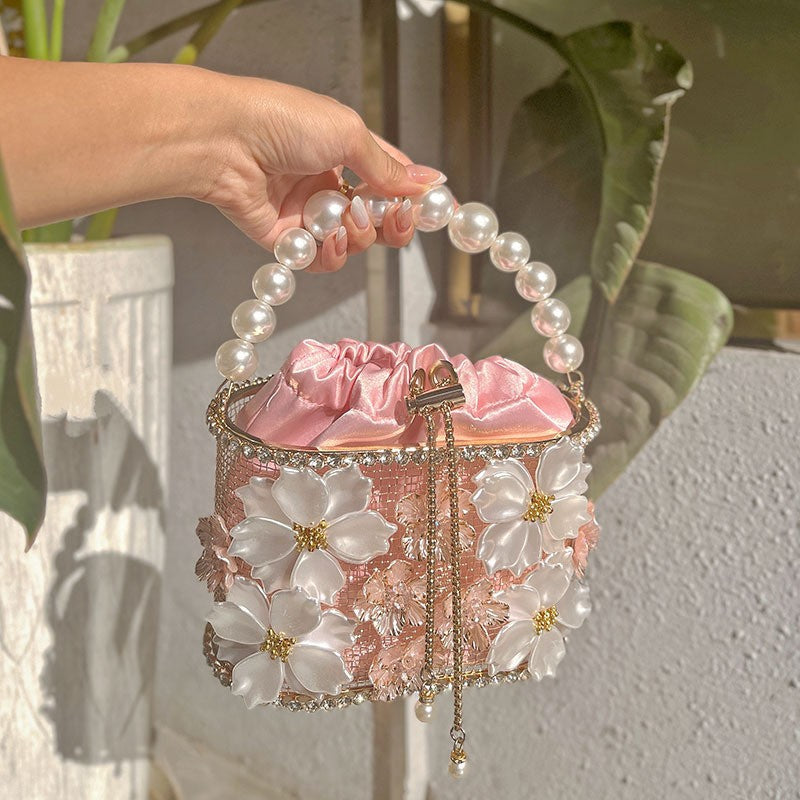 Retro Sunflower Birdcage Handmade Bucket Bag - Diamond Embellished PVC Shoulder Bag