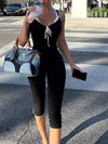 Black contrast-lace tie-front capri jumpsuit