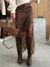 Brown sheer lace satin skirt for women
