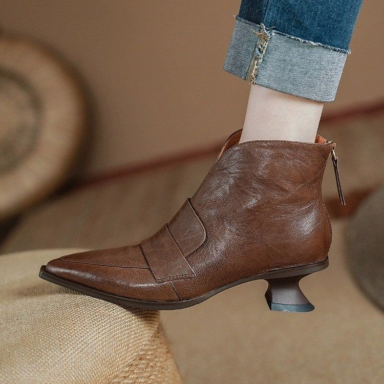 Women's French-Style Vintage Pointed-Toe Mid-Heel Ankle Boots | Back Zip | PU Leather