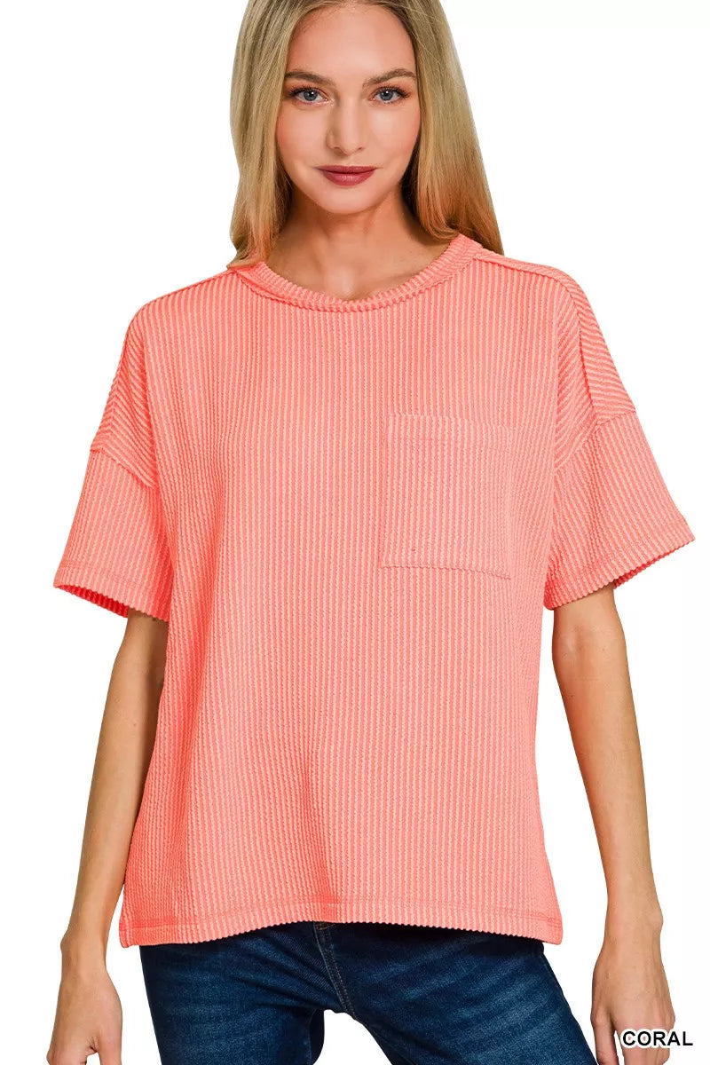Raised Rib Exposed Seam Short Sleeve Top