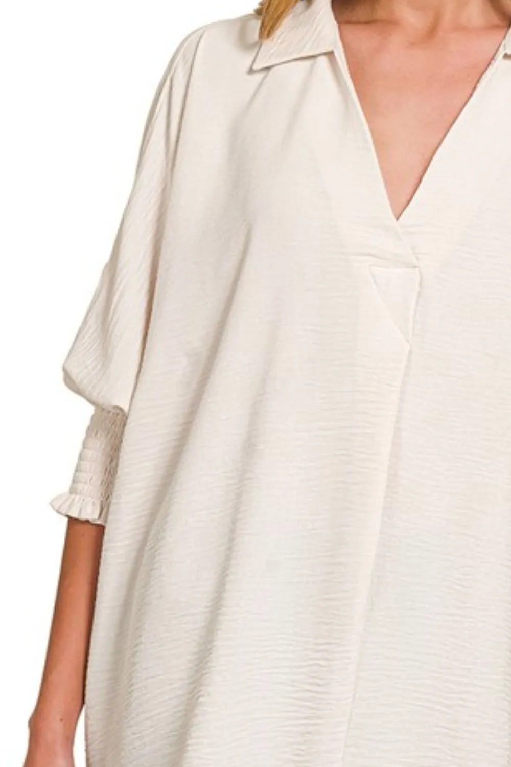 Airflow Collar Tee with Smocked Sleeve Band Top — Sand Beige