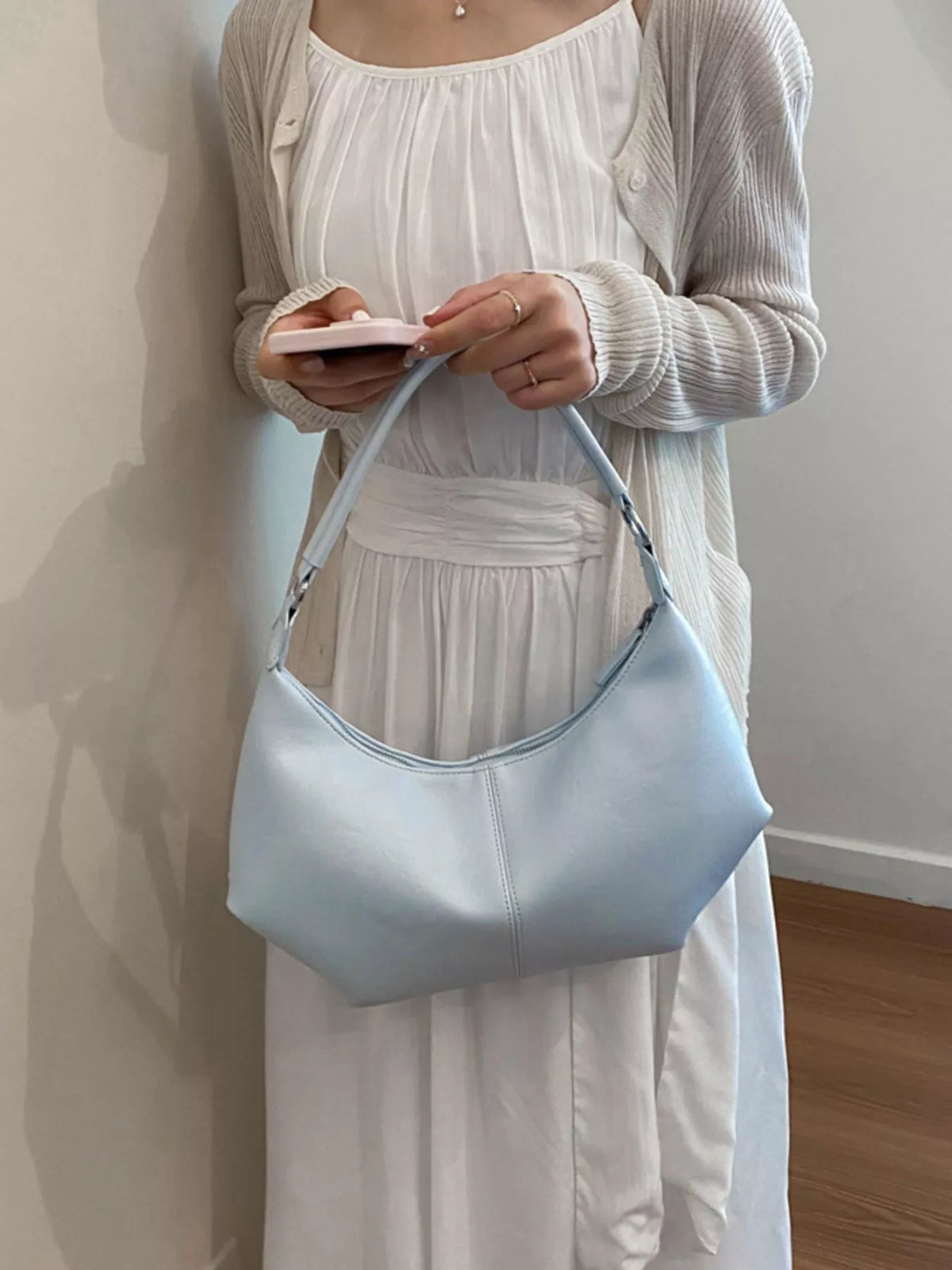 Blue Adjustable-Strap PU Leather Crossbody Bag