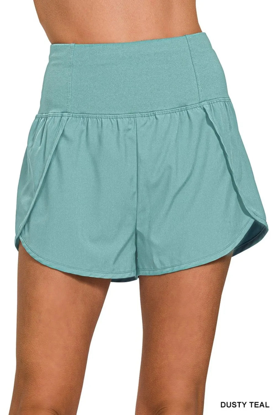 High Waisted Zippered Back Pocket Running Shorts — Dusty Teal