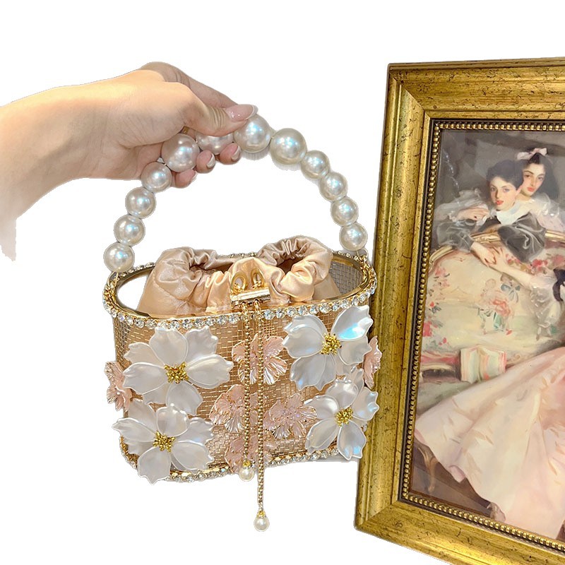 Retro Sunflower Birdcage Handmade Bucket Bag - Diamond Embellished PVC Shoulder Bag