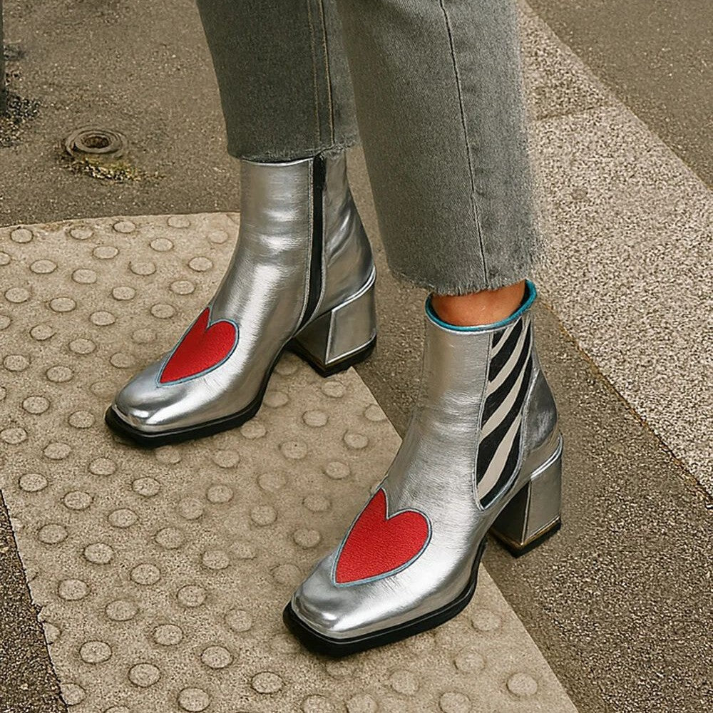 Women's Silver Chunky Heel Ankle Boots – Square Toe Side Zipper Heart Detail