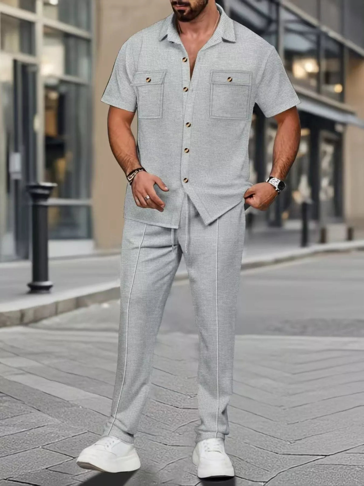 Men's Full Size Casual Short Sleeve Shirt and Pants Set Plus Size