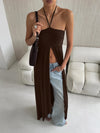 Brown halter-neck high-split longline top