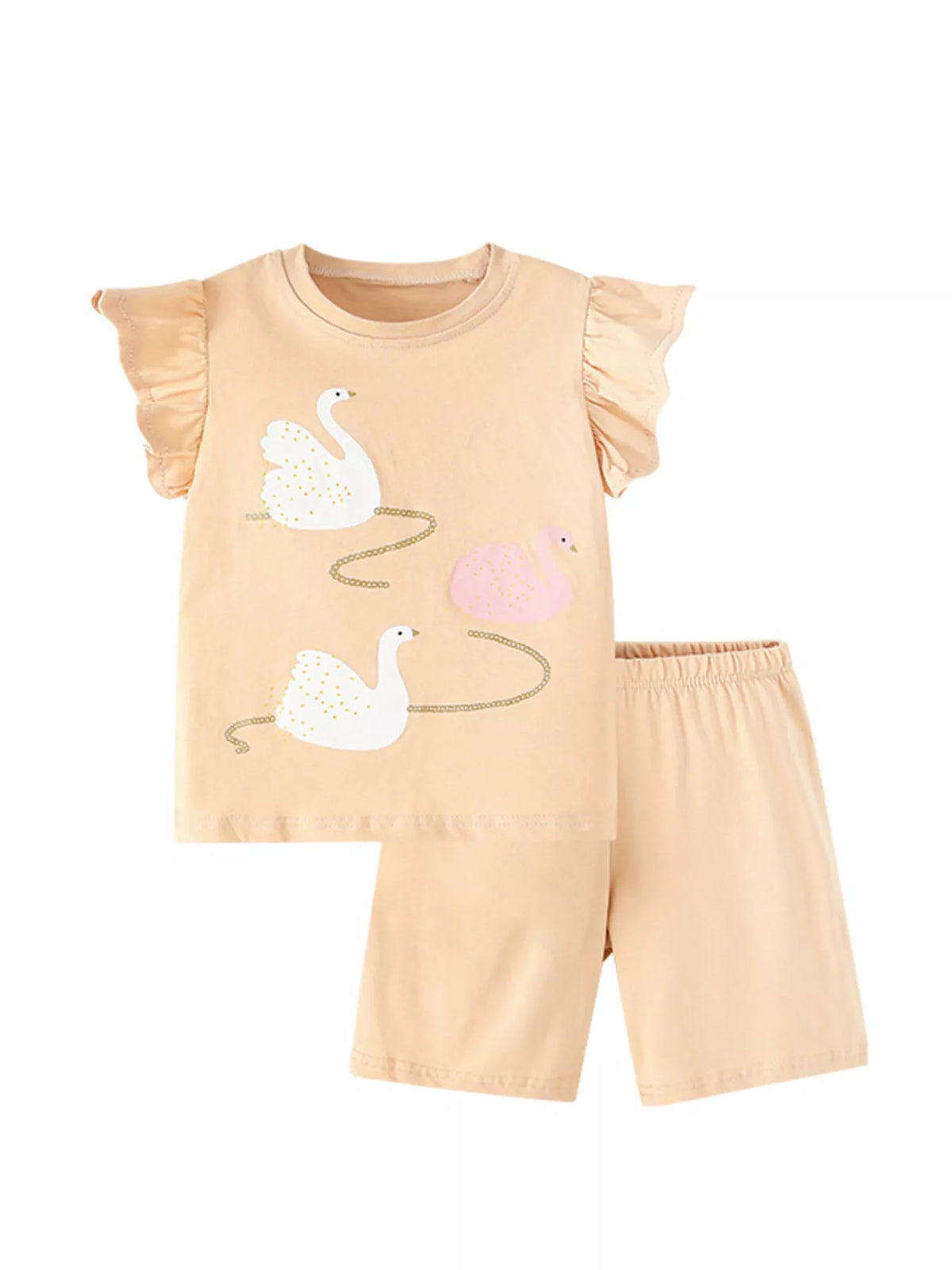 Girls' Swan Ruffle-Sleeve Top & Shorts Set – Apricot