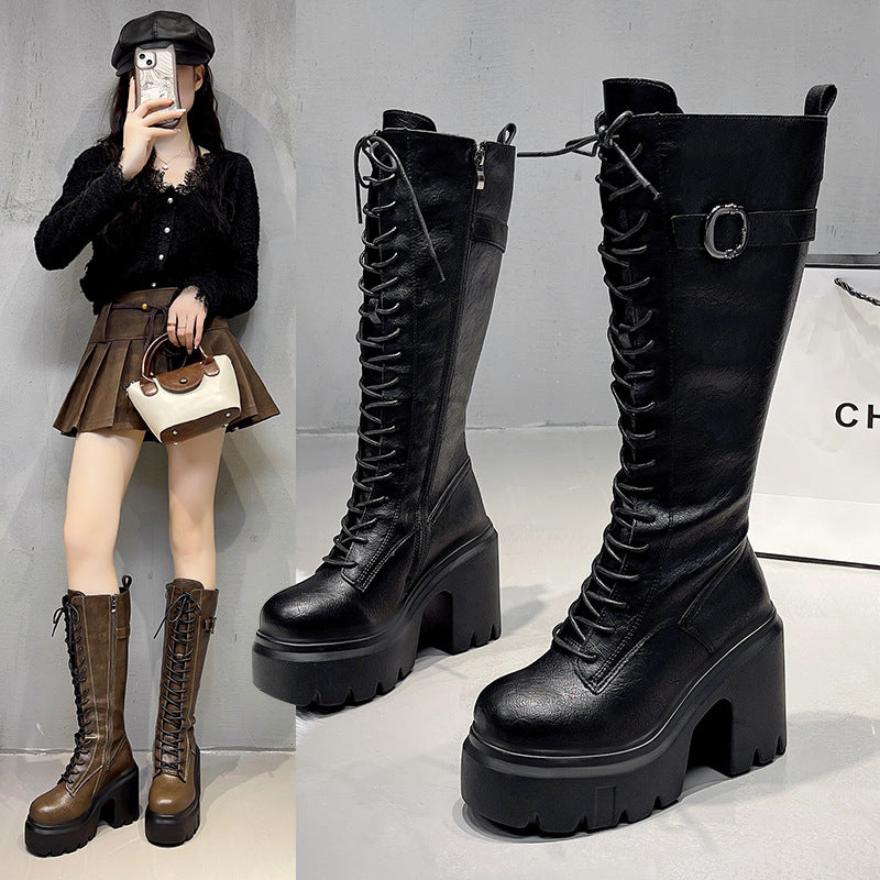 Women's Lace-Up Over-the-Knee Boots - High Heel Chunky Heel Round Toe Side Zipper
