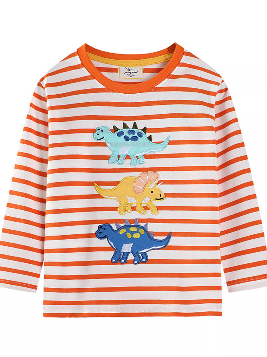 Kids’ Dinosaur-Appliqué Striped Long-Sleeve T-Shirt