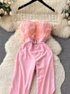 Feather-trim strapless belted wide-leg jumpsuit