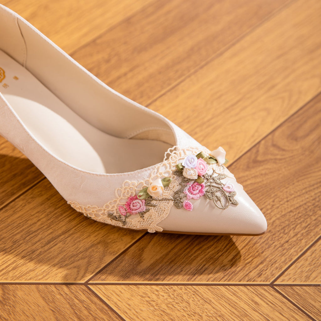 Women's Jacquard Kitten Heel Sandals | Pointed Toe Lace Flower Embroidery Heels