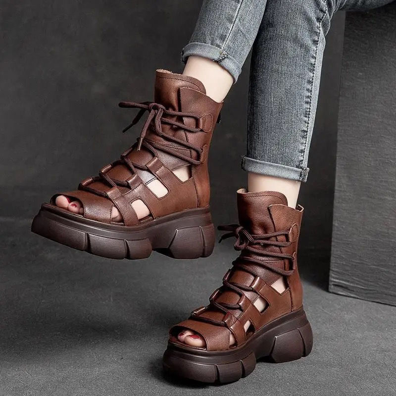 Women's Roman Gladiator Sandal Boots | Open Toe Buckle Hollowed-Out Design | Black Brown