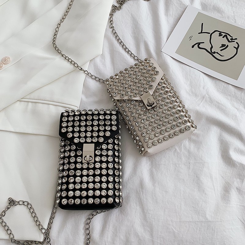 Diamond Encrusted Mini Phone Crossbody Bag - Vintage PU Leather Shoulder Bag for Women