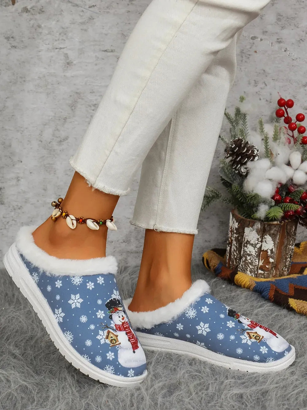 Snowman Print Faux Fur Flat Slippers — photo 3