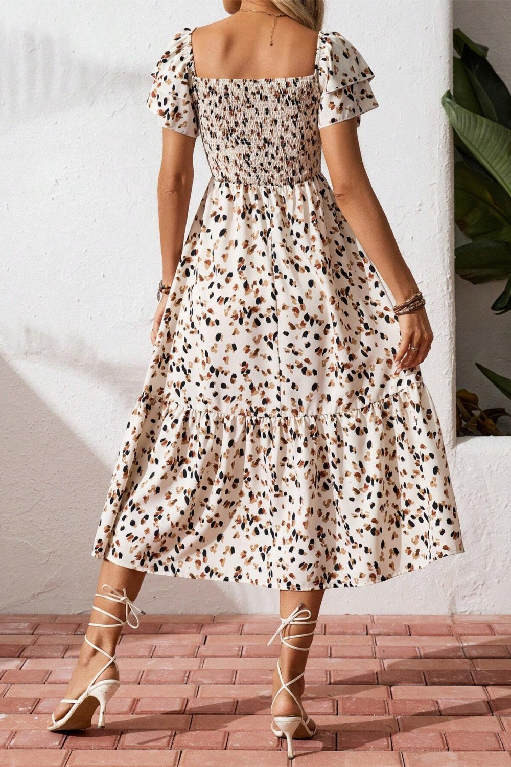 Square-Neck Ruffle-Sleeve Midi Dress