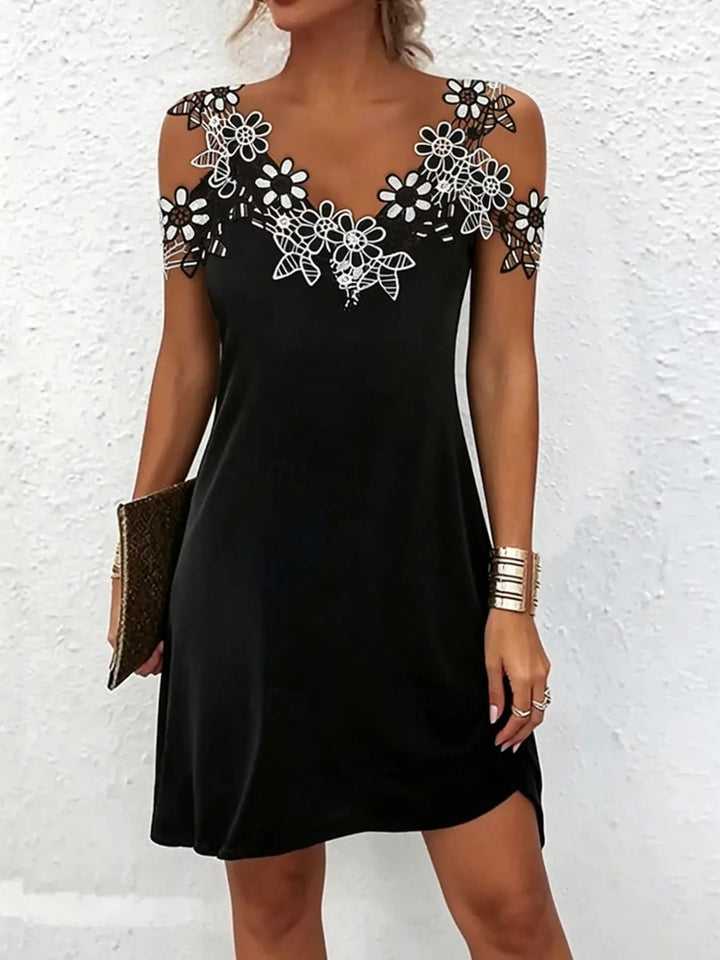 Floral lace-trim cold-shoulder mini dress.