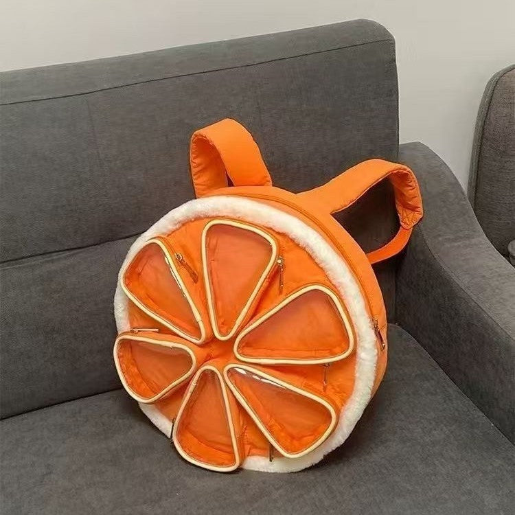 Women's Orange Multi-Compartment Backpack – PU & Cotton Casual Daypack