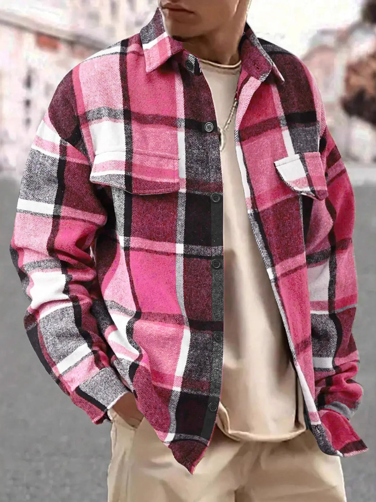 Men's Plaid Button-Up Shirt with Chest Pockets — photo 4