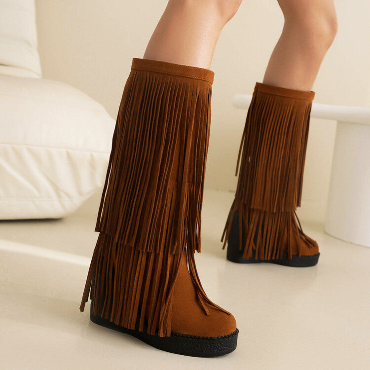 Women's Tassel Wedge Boots | High-Heel Thick-Soled Retro Fashion Boots | Black Brown Yellow