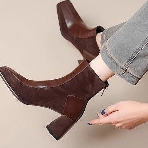 Women's Chunky Heel Side Zipper Ankle Boots – Square Toe Suede Block Heel
