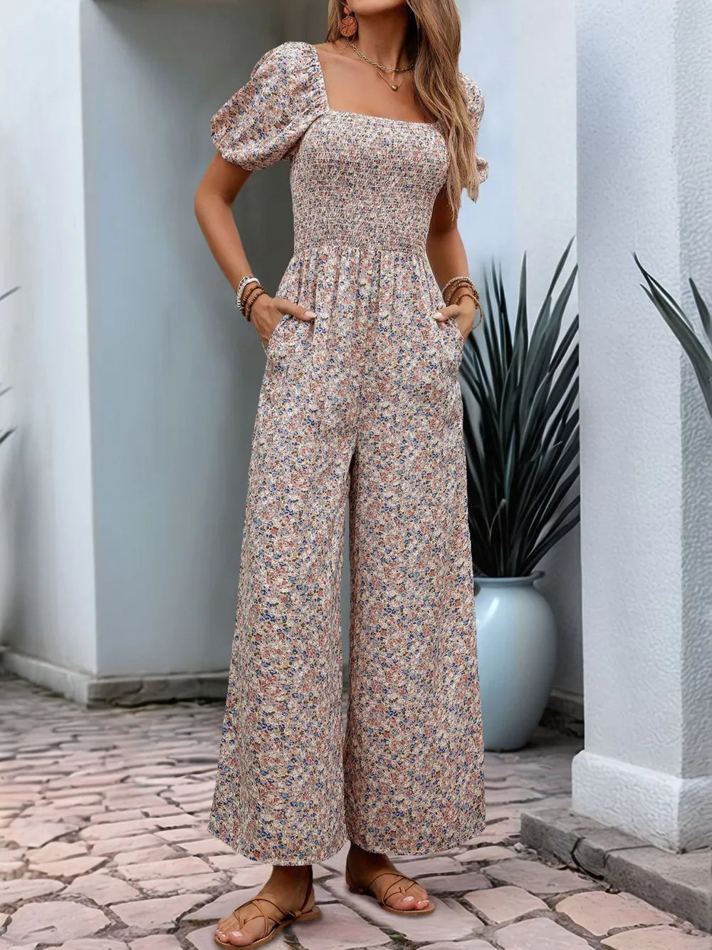 Valentina Ditsy Floral Smocked Square Neck Puff Sleeve Jumpsuit
