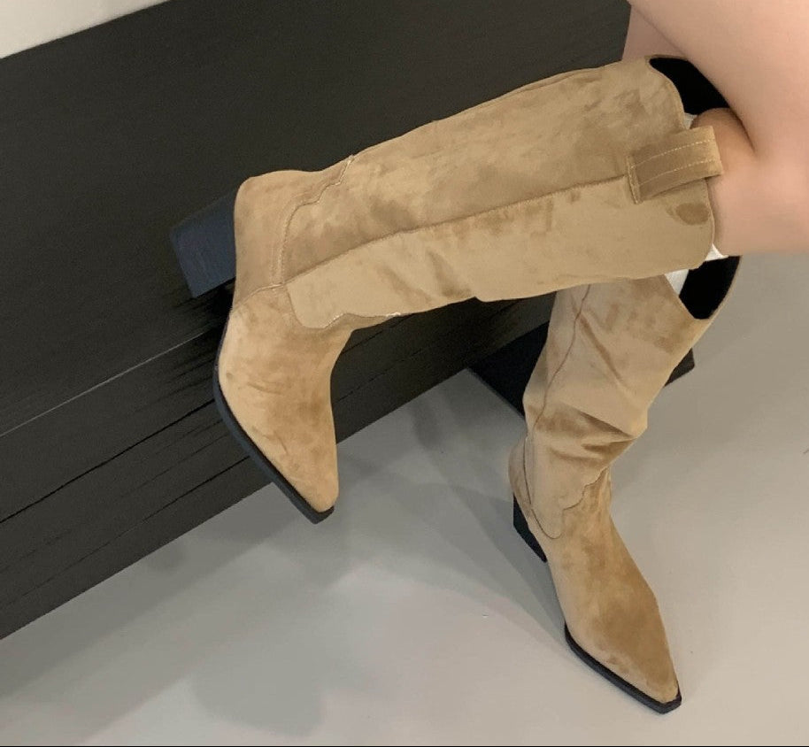 Women's Vintage Western Cowboy Boots | Suede Pointed Toe Chunky Heel Slip-On