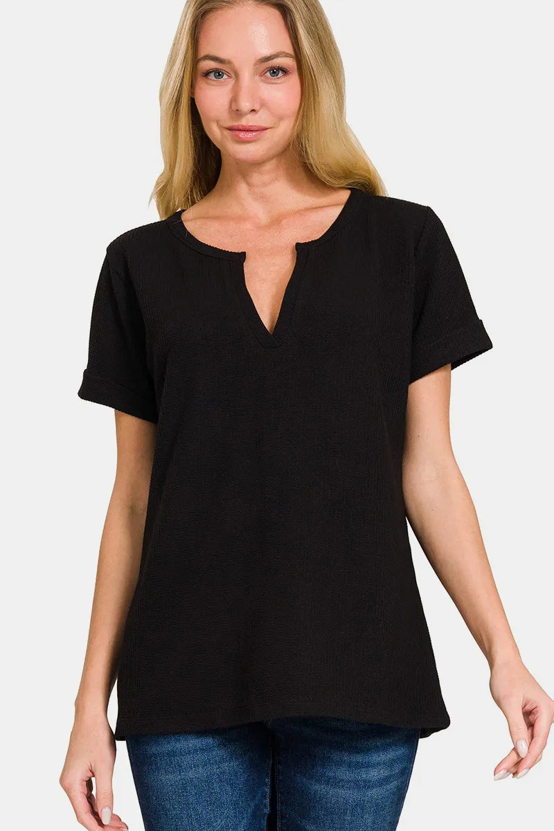 Notched Short Sleeve Waffle T-Shirt — Black
