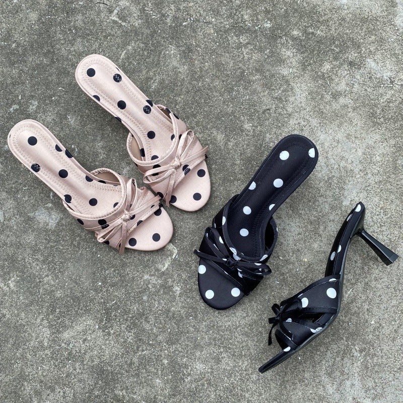 Women's Polka-Dot Bow-Knot Slippers - Elegant Satin High Heel Slip-On Shoes