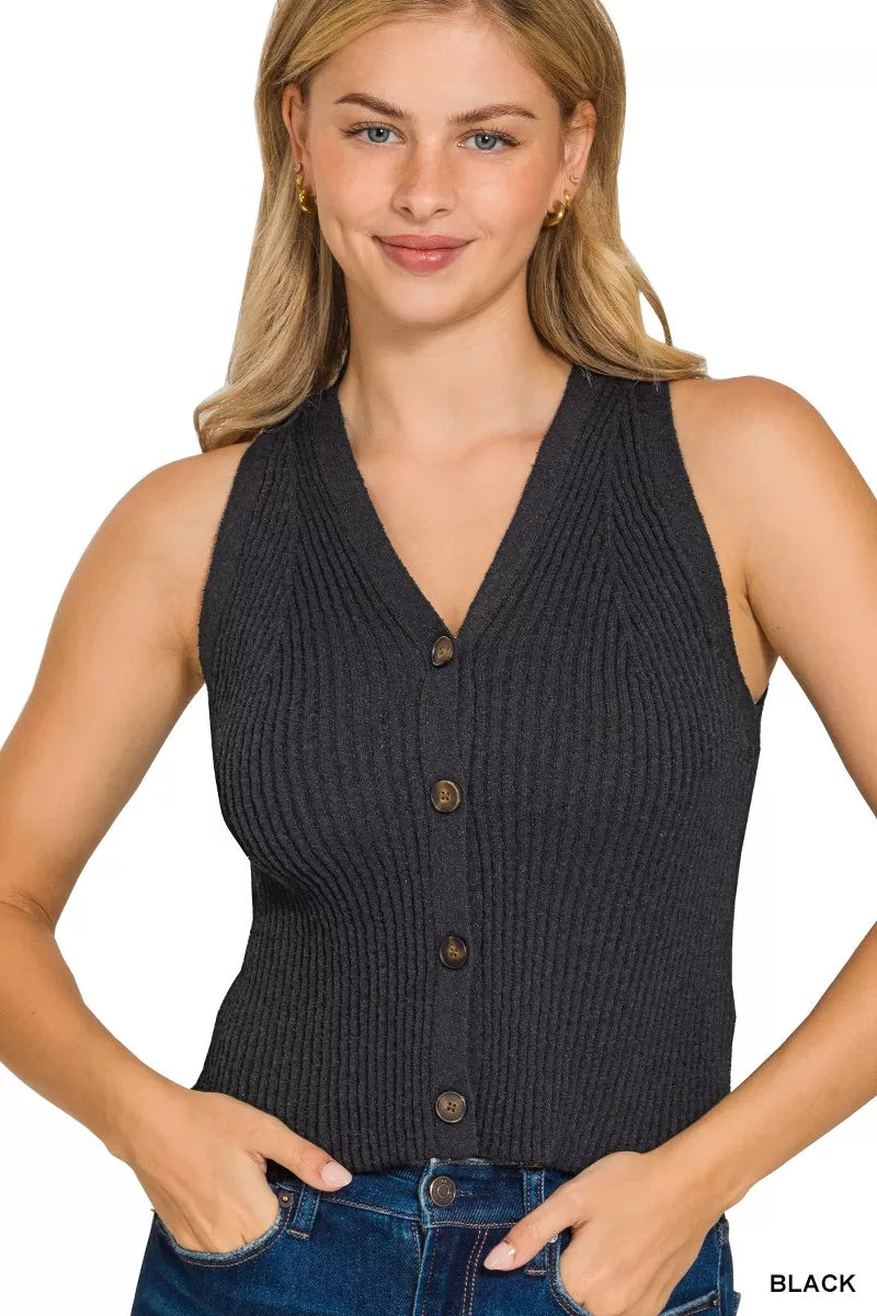 Ribbed Knit Button-Down Sweater Vest — BLACK