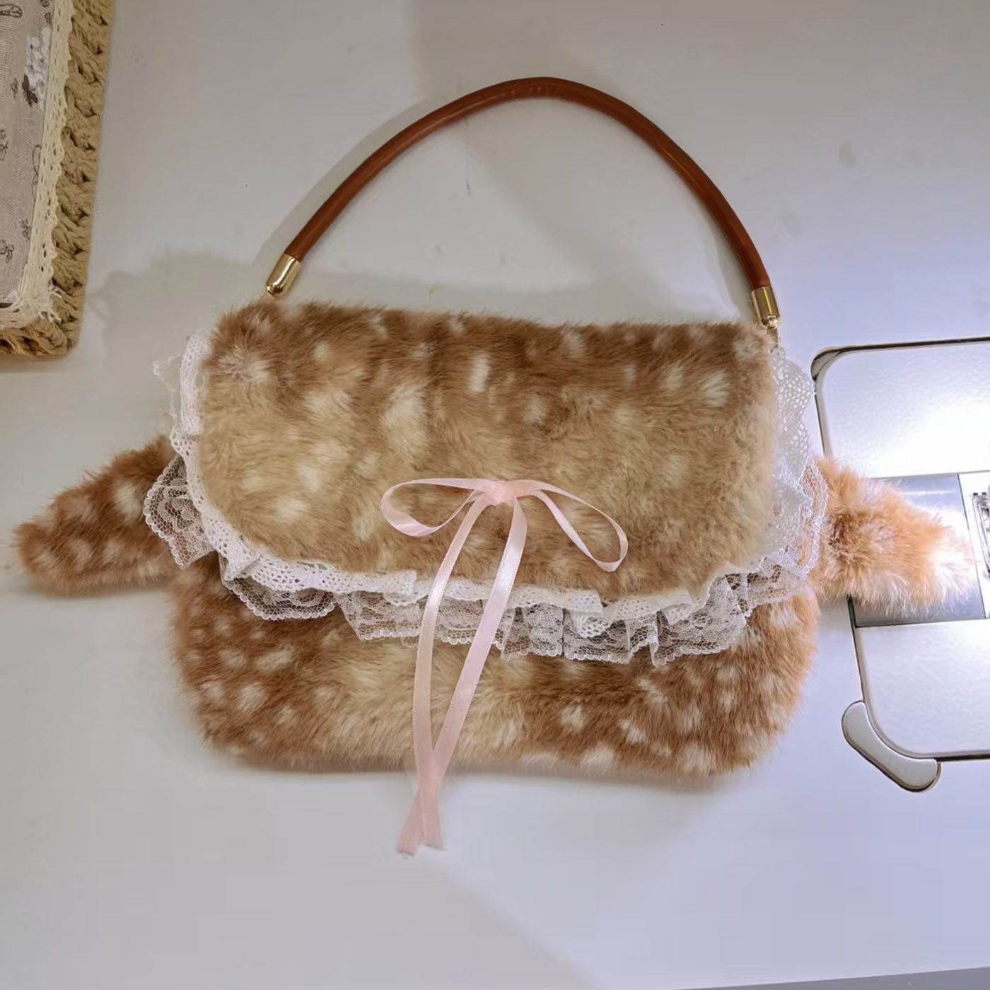 Women's Plush Bow-Tie Tote Underarm Bag – Fluffy Fawn Crossbody Handbag