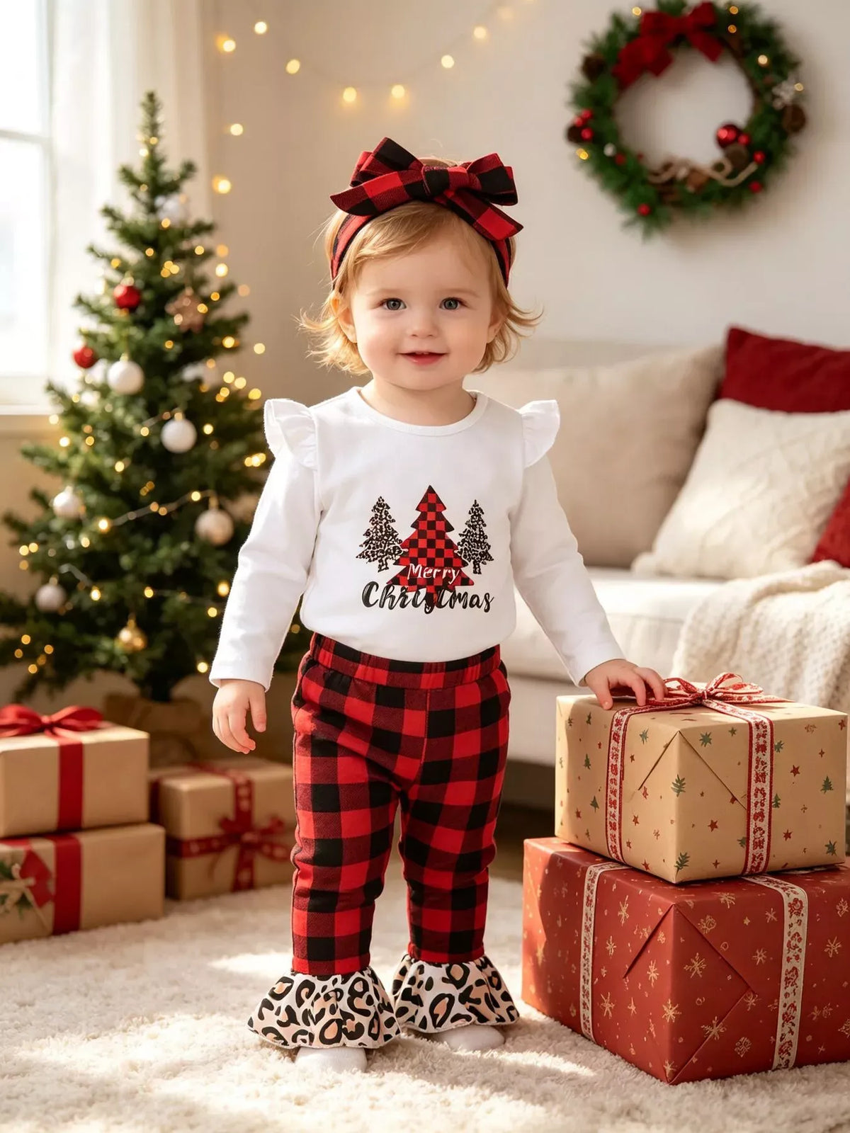 Baby Girls' Christmas Tree Top, Plaid Pants & Headband Set — photo 1