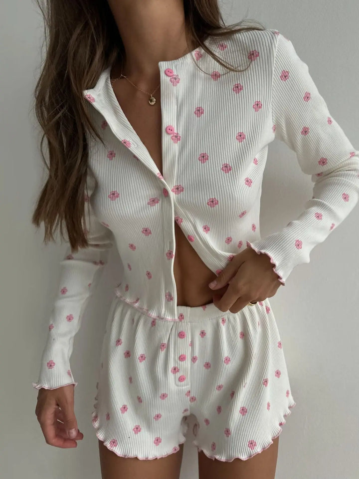 Floral Ribbed-Knit Top & Shorts Lounge Set — White