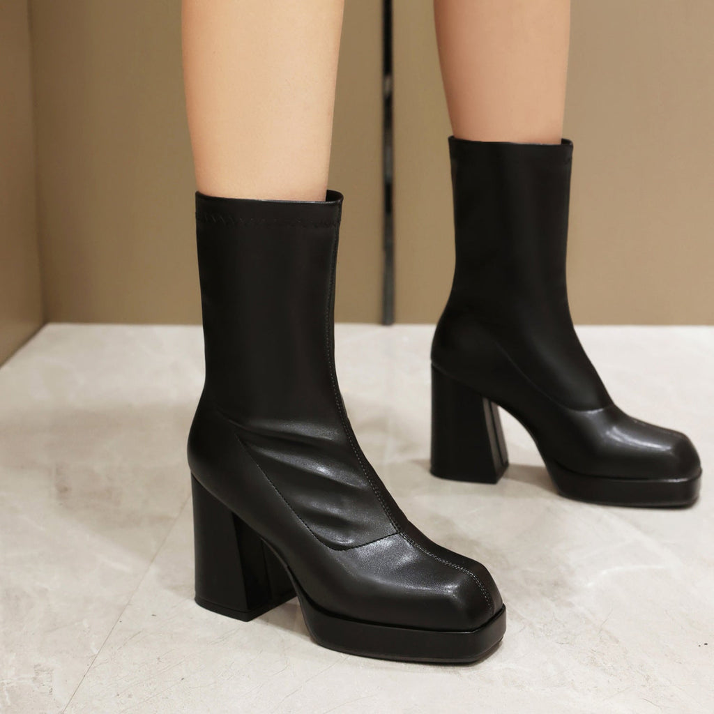 Women's Square Toe Chunky Heel Slip-On Ankle Boots | Block Heel Booties