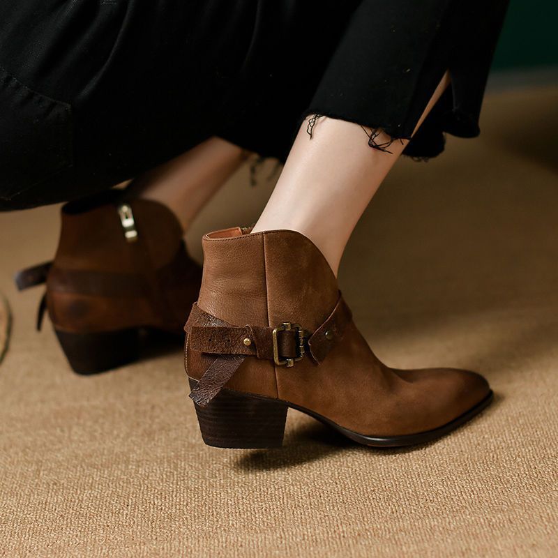 Women's Chunky Heel Slip-On Boots | Pointed Toe Mid-Heel Ankle Boots