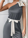 Bow-detail one-shoulder belted wide-leg jumpsuit