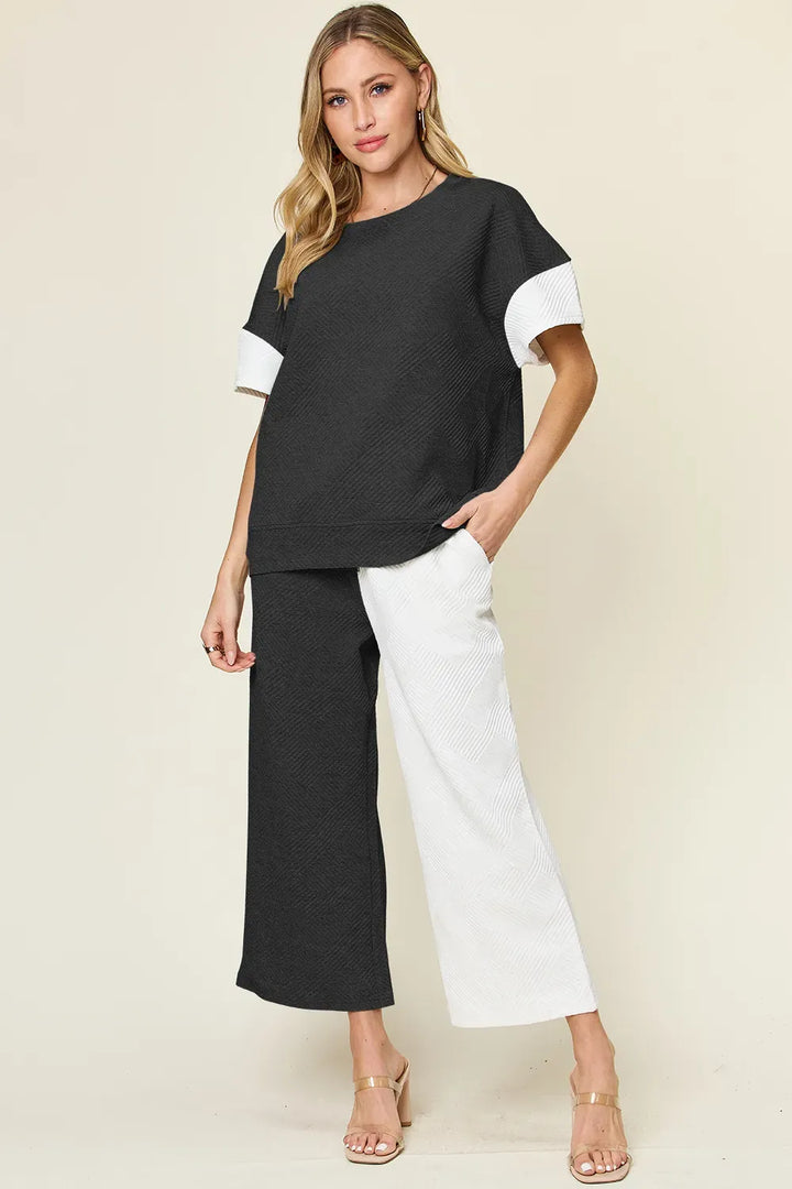 Textured Contrast T-Shirt & Wide-Leg Pants Set — Full Size