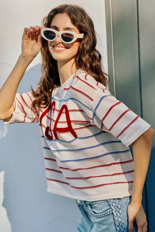 Another view: SO ME Usa Stripe Knit Short Sleeves Sweater Top