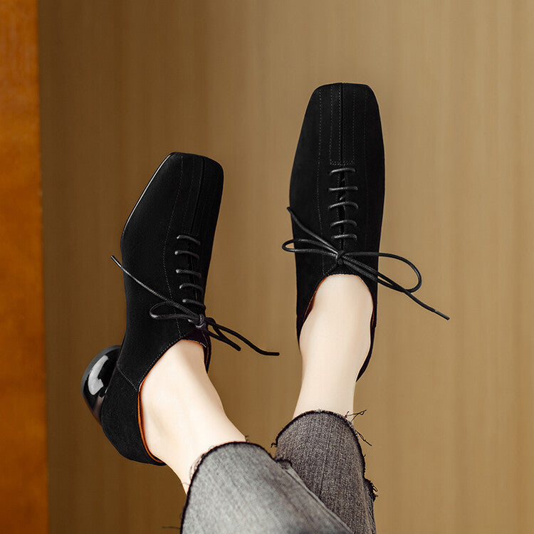 Women's Retro Sheepskin Chunky Heel Square Toe Pumps | Lace-Up Mid Heel Shoes