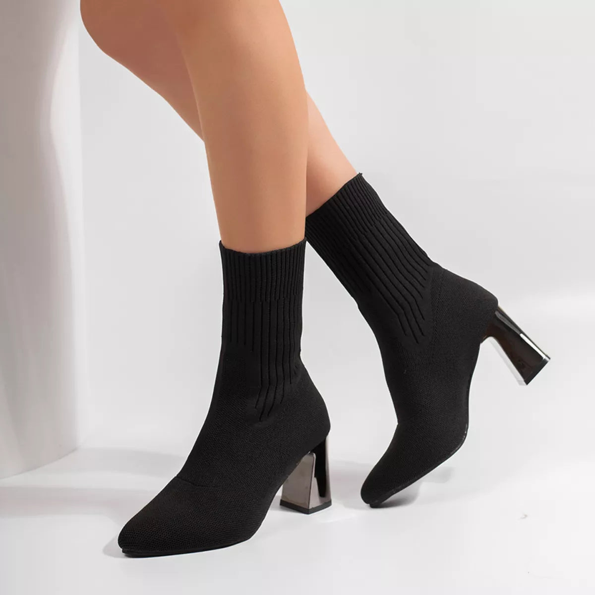 Women's Stretch-Knit Block-Heel Sock Boots